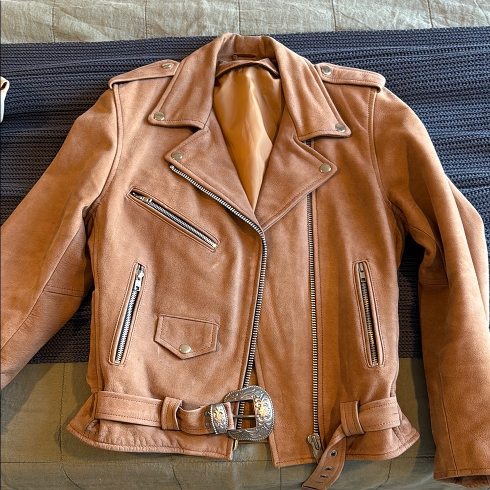 Vintage Tan Suede Biker Jacket with Silver Accents